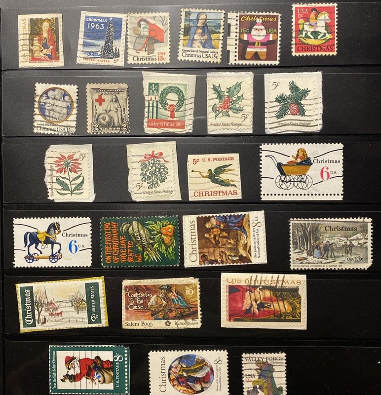 U.S. Christmas Stamp Collection 50+ Used Religious Santa Holiday Seals No Dupes