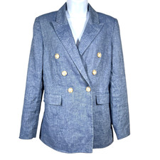 LOFT Linen Melange Double Breasted Blazer Womens 4 Blue Career Office Preppy