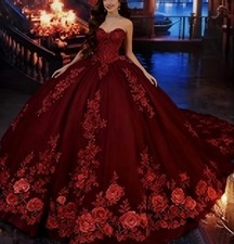 Dark Red Quinceanera DressesOff Shoulder Lace 3D Flowers Ball Gowns Sweet 15 16
