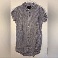 TAHARI 100% Linen Blue White Stripe Collared Short Sleeve Midi Shirt Dress XS