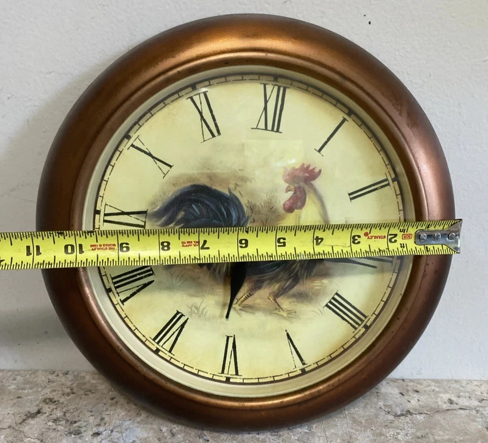Reloj de Pared Gallo Marco de Metal Cobre Decoración 11" Granja Cocina Funciona Foto 3 de 4