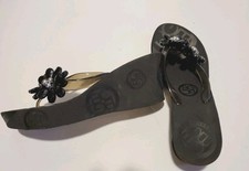 BCBG GENERATION Black Flower Crystal High Heel Wedge Flip Flop Sandals 8B/38