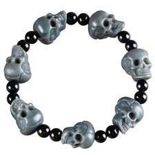 Certified 16mm Gray Natural HeTian Jade Gems Skull Beads Stretch Bracelet 7.5