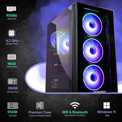 NOVATECH Gaming Tower PC RX580 8GB, i7 8th Gen, 16GB RAM, 512GB SSD, Win11, WiFi