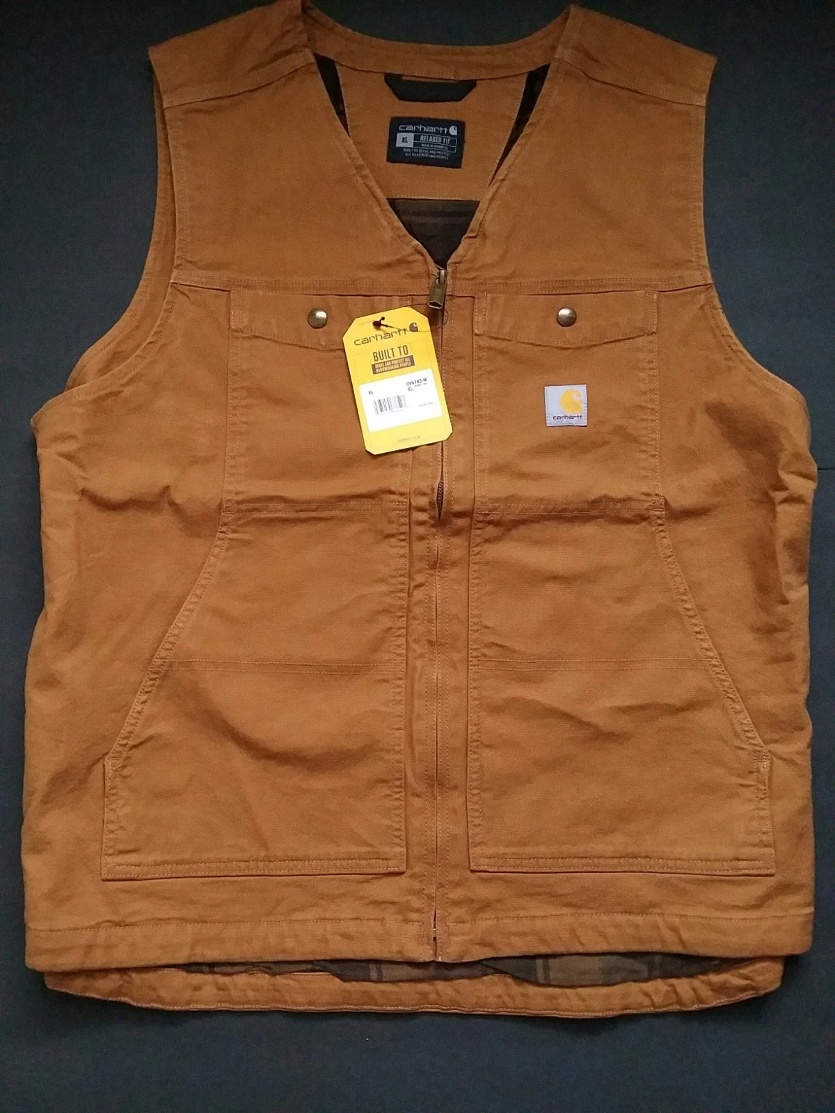 Carhartt Men's Brown Duck Biker Vest Flannel Lined Work Wear Relaxed Fit Size XL