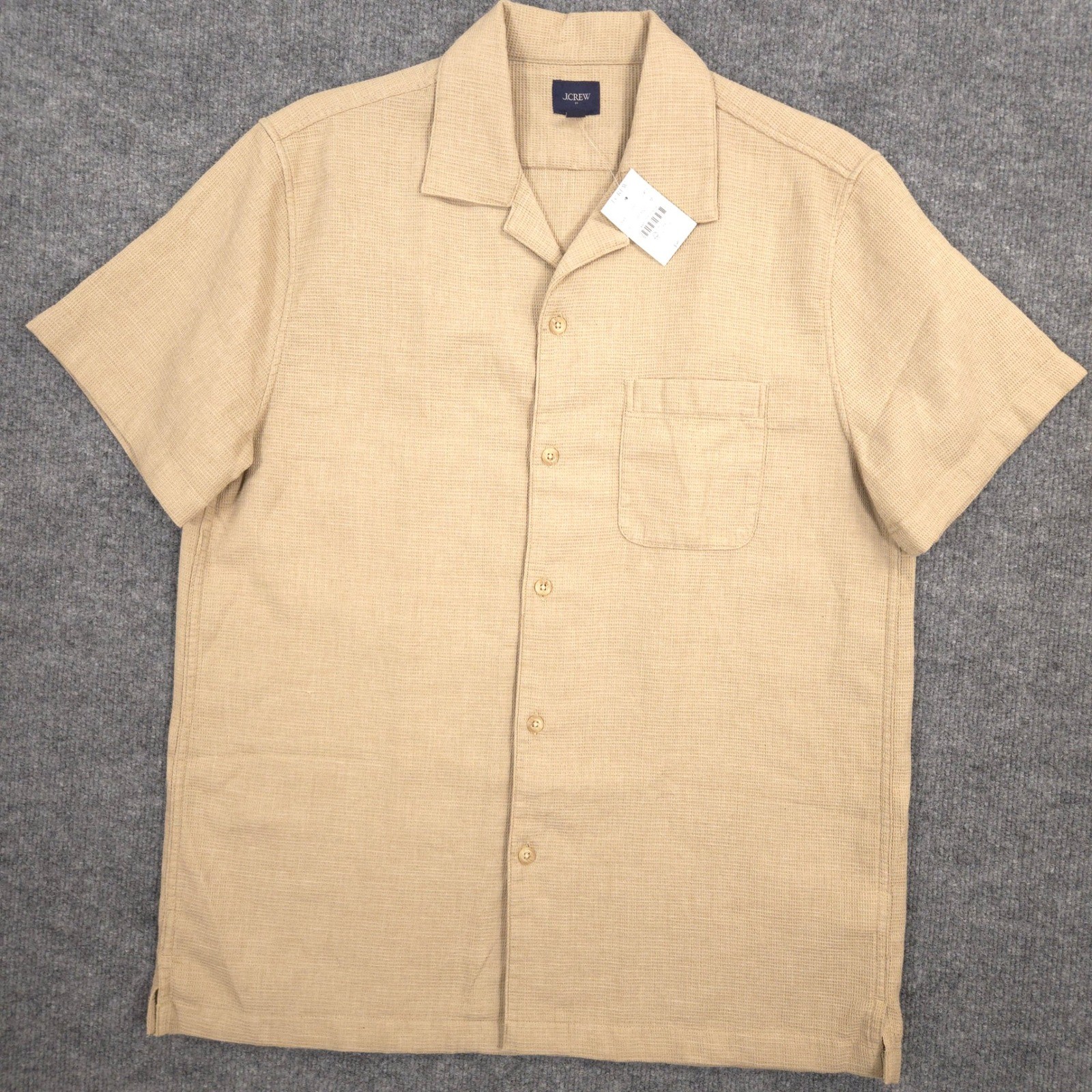 J Crew Waffle Dobby Camp Shirt Mens M Light Camel Relaxed Fit Short Sleeve NEW