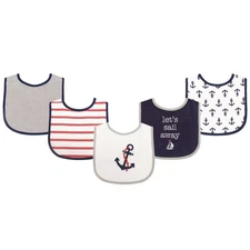 Luvable Friends Cotton Terry Drooler Bibs with PEVA Back 5pk, Boy Nautical