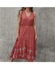 Brovave Red Floral Midi Bohemian Vneck Dress Button Front Strap Sz Xl Sundress