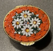 Vintage Italian Micro Mosaic Floral Design Oval Brass Trinket/Pill Box