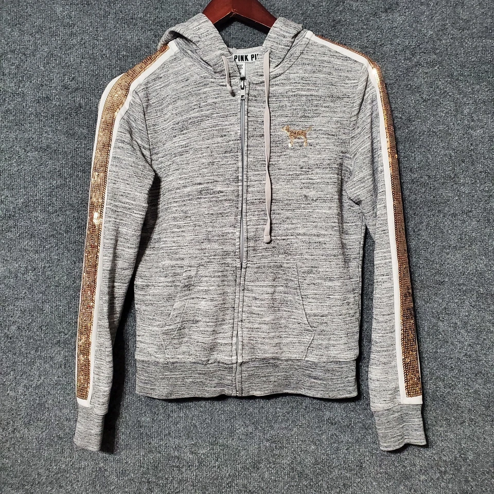 Victorias Secret 粉色拉链连帽衫女式 XS 灰色花卉闪亮亮片大标志 — 第 3/4 张图片