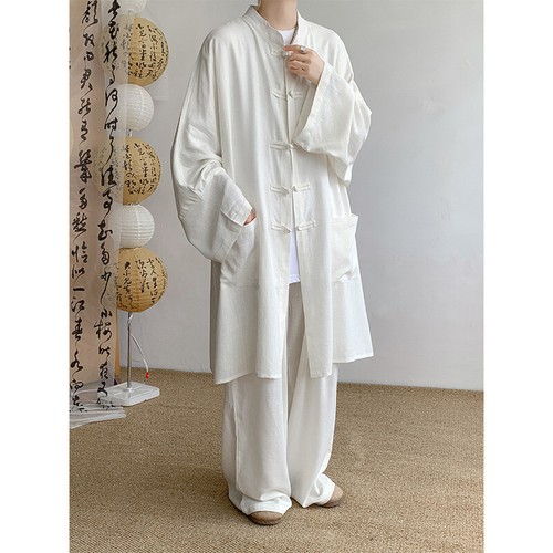 Hombres Abrigo Largo de Verano Hanfu Vestido Taoísta Bata Lino Ropa Traje Suelto Prendas para el torso + Pantalones - Imagen 10 de 18