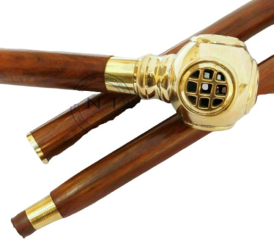 Vintage Cane Antique Wooden Walking Stick Brass Diving helmet  Handle Style gift