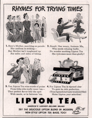 1942 AD  LIPTON TEA POEM ''RHYMES FOR TROUBLING TIMES'' MOM IN UNIFORM