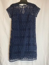 Loft Navy Blue Lace Overlay Dress‎ Back Tie Detail Sz 4 Zipper Short Cap Sleeve
