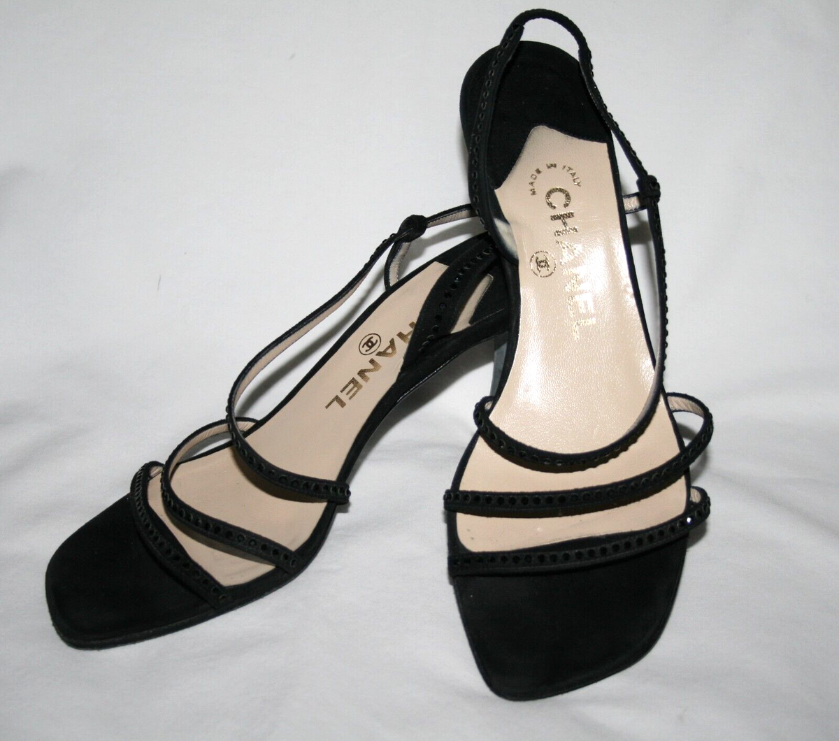 CHANEL Vintage CC Logo Heel Black Suede Crystal Strappy Heels 37-1