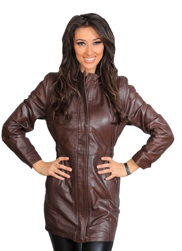 Ladies Duffle Real Leather Coat Hooded 3/4 Length Parka Jacket Black Brown Blue - Picture 17 of 29