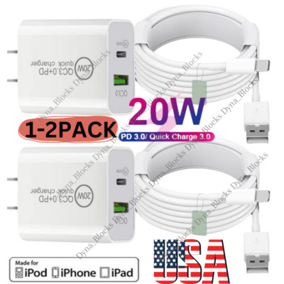 Fast Charger QC PD 20W Power Adapter Cube USB Cable For iPhone 14 13 12 11 8 Lot