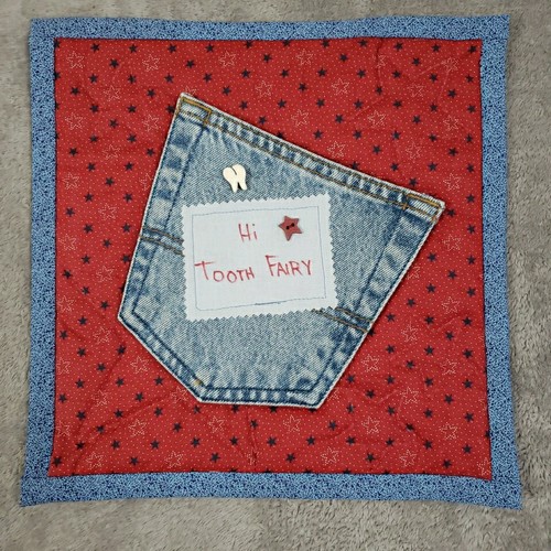 Tooth Fairy Denim Jean Pocket Pouch Handmade Quilted Square Patriotic Stars