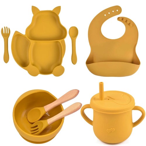 8PCS/Set Baby Sucker Bowl Plate Cup Bibs Spoon Fork Sets Children Feeding Dishes - Picture 33 of 51