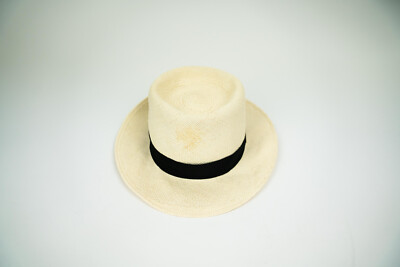 SAINT LAURENT PARIS Straw Brim Fedora Hat Waikiki Panama Cowboy Patch Woven  58