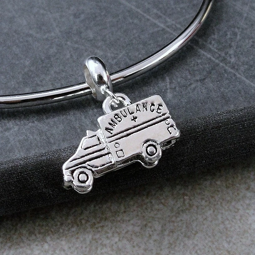 Silver Ambulance Dangle Charm Paramedic EMT Charm fits European Bracelet