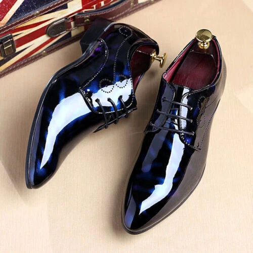 Herren Mode Lackleder Schnürschuhe Oxford Spitz zulaufend Elegant Business Schuhe - Bild 6 von 34