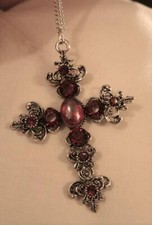 Striking Ruby Red Ovals  Rhinestone Fluted Silvertone Christian Cross Necklace