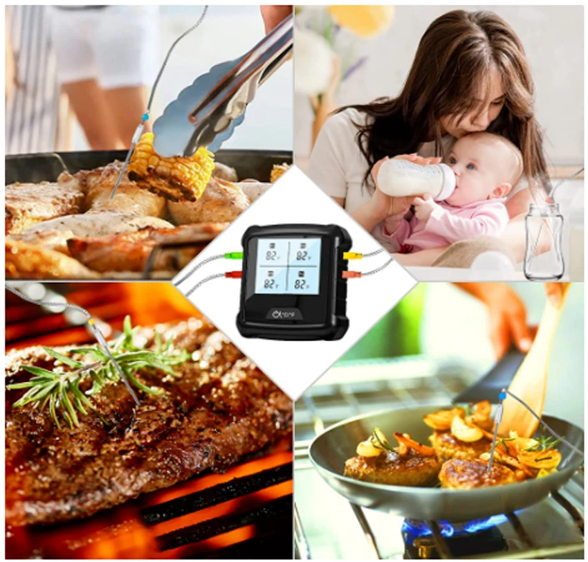 Bluetooth Meat Thermometer BBQ Cooking 4 Probes Rechargeable with Clock Timer