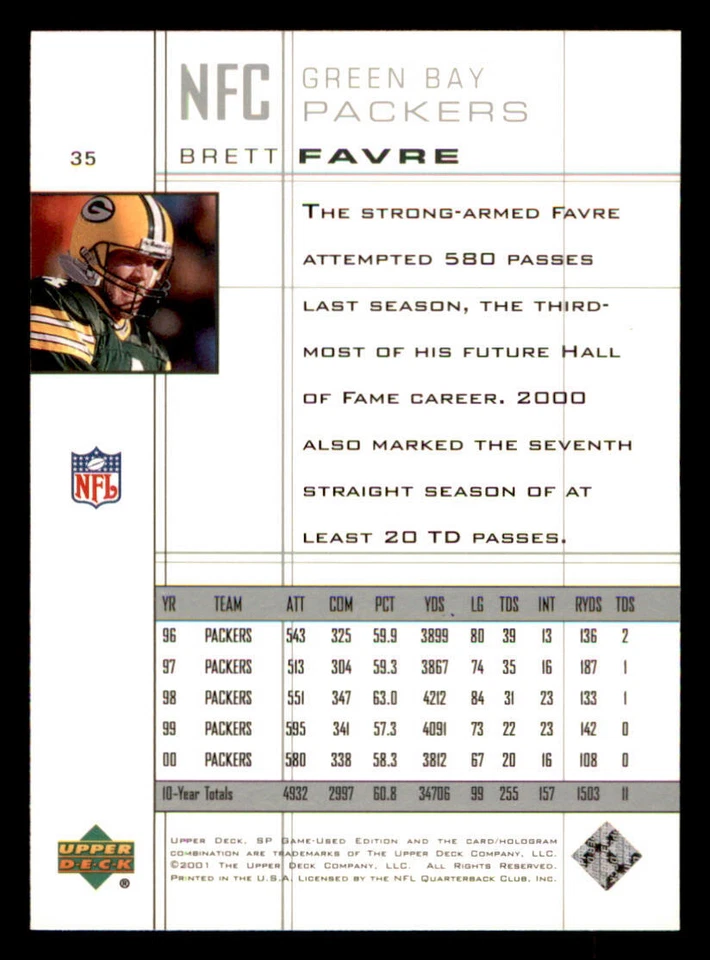2001 SP Game Used Edition #35 Brett Favre - Image 2 of 2