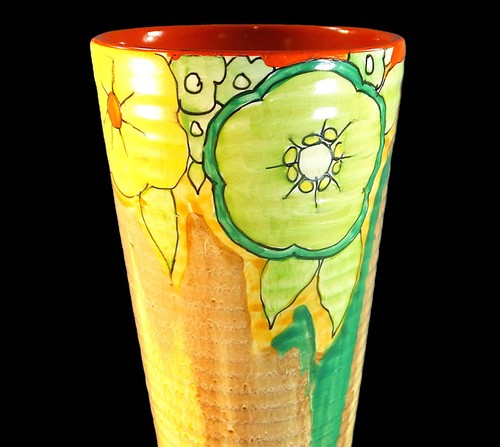 LOVELY CLARICE CLIFF NEWPORT POTTERY 'JONQUIL’ PATTERN RIBBED VASE c.1933 - Picture 10 of 12