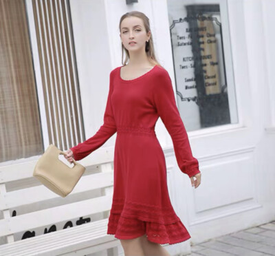 Sweater Dress Red A Line Fit and Flared Scoop Neck Long Sleeve | eBay