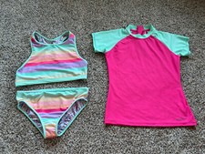 EDDIE BAUER L 14/16 Youth 3-pc Swim Set Rash guard Swimsuit REVERSIBLE NEW Z23
