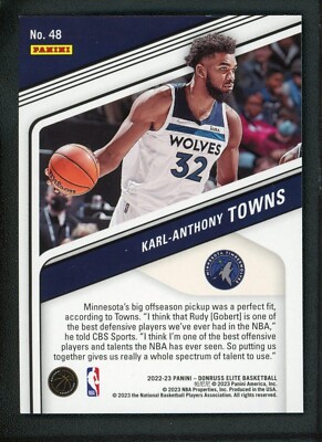 2022-23 KARL ANTHONY TOWNS 06/49 PANINI DONRUSS ELITE TMALL PURPLE 
