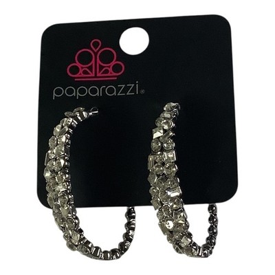 Paparazzi Jewelry A Glitzy Conscience Black Hoop Earrings Rhinestone For Women