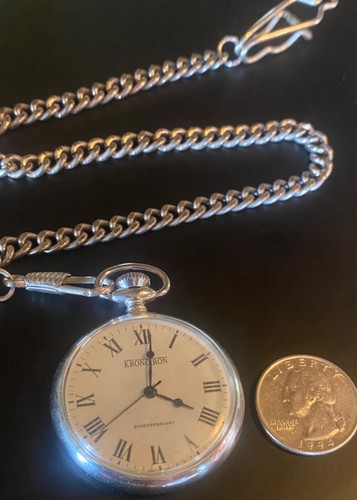 Reloj Bolsillo Mecánico Vintage Early Kronotron Tono Plata con Cadena Larga Sin Probar - Imagen 3 de 18