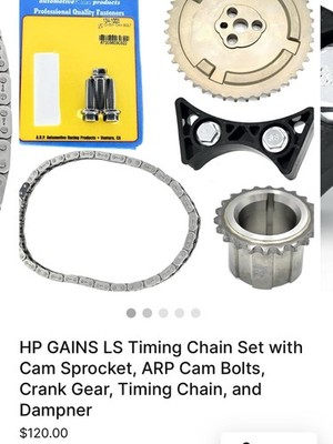 LS Timing Chain Set with Cam Bolts, Crank Gear, Timing Chain, and dampener.