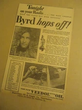 Veedol Motor Oil 1928 newspaper ad with Commmander Richard Byrd hops off!