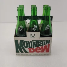 6 Vintage Mountain Dew Hillbilly Bottles with Cardboard Holder