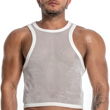 Men's Mesh Tank Top See Through Fishnet Fitted Sleeveless Muscle Shirt Clubwear