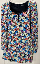 Zara Floral Ruched Lined Mini Dress Square Neck Long Puff Sleeve Back Zip XS