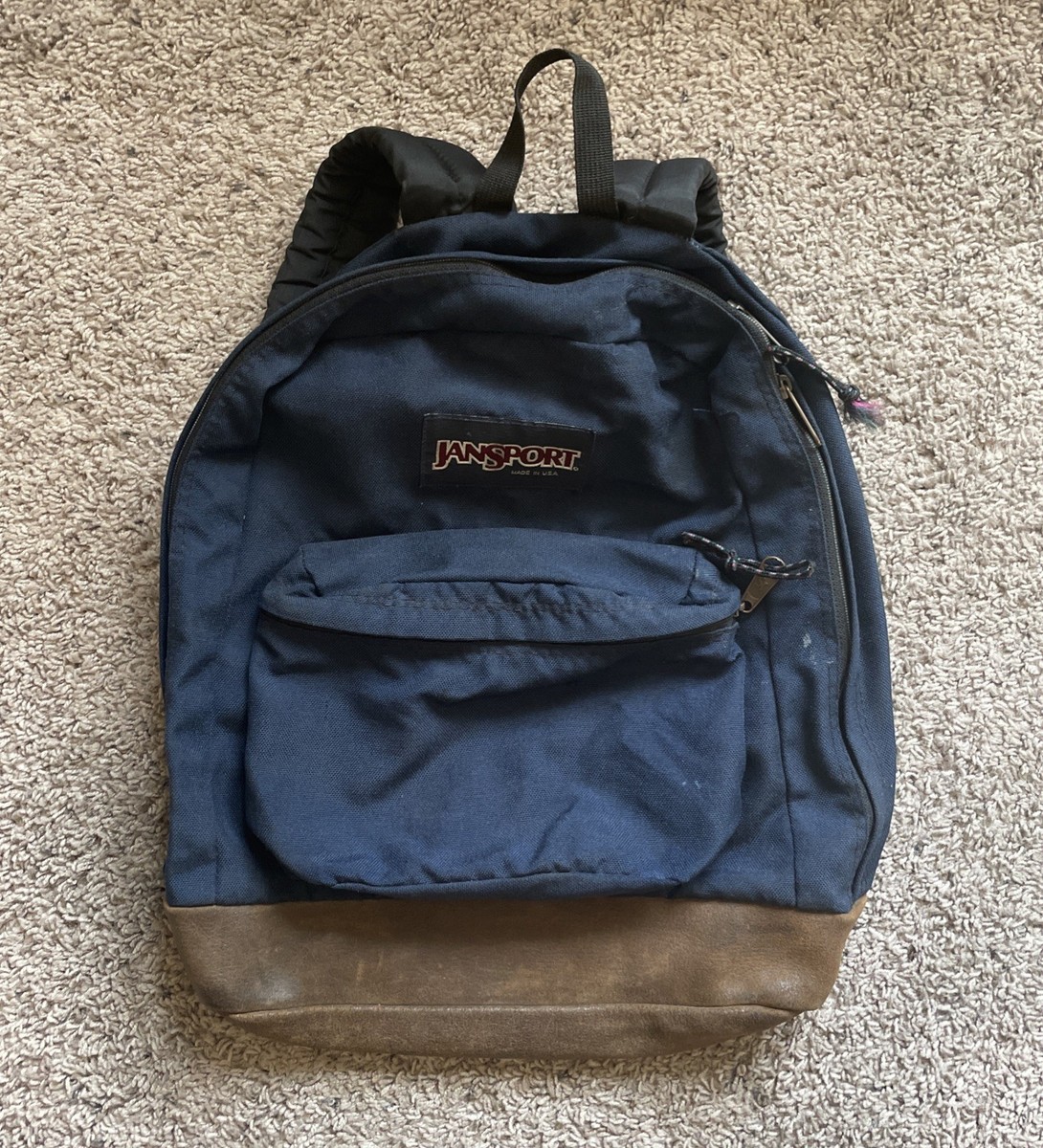Vintage 90s Jansport Blue Backpack Brown Leather Bottom