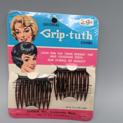 NOS Vintage 1960s Grip-Tuth Hair Combs Brown Style 72 1.5'' Rope Design Beauty