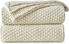 60x80 Beige 100 Cotton Throw Blanket, 4.0lb Heavy Cable Knit, Soft, Couch