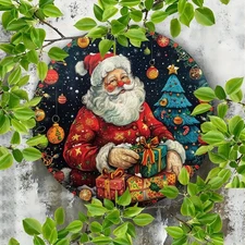 Round Santa Claus Golden Stamping Sign Vintage Christmas Decor