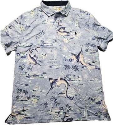 Ralph Lauren Polo Shirt Mens XL Blue Marlin Fishing Print Performance Pro Fit