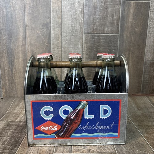 Vintage Style Coca-Cola Bottle Carrier Metal Crate with 6 Glass Coke Bottles