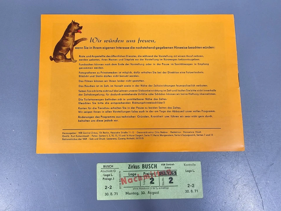 Altes original Programmheft Prospekt Zirkus BUSCH 1971 + Eintrittskarte DDR - Bild 2 von 2