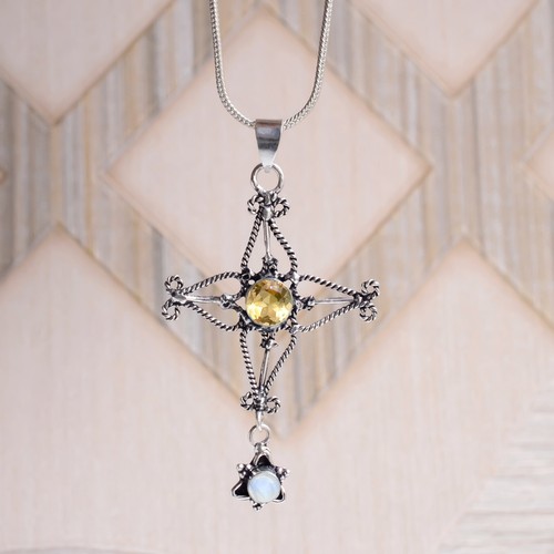 Yellow Citrine, Fire Moonstone Pendant 925 Sterling Silver Cross Women's Jewelry - Picture 4 of 6