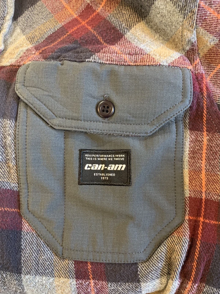 Men’s BRP Can-Am Snowmobiling Performance Gray Burgundy Beige Plaid Shirt Small — 第 3/4 张图片