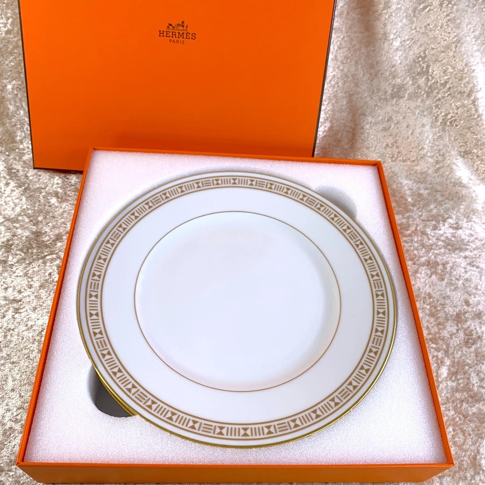 Juego de 2 vajilla de porcelana blanca dorada con plato de postre Hermes Egee Soleil con caja Foto 2 de 4